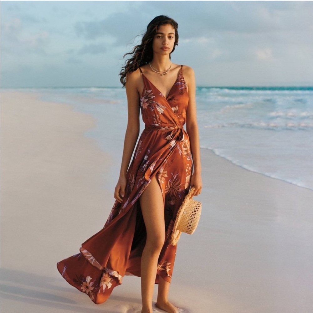 ANTHROPOLOGIE Orange Palmetto Wrap Maxi Dress
